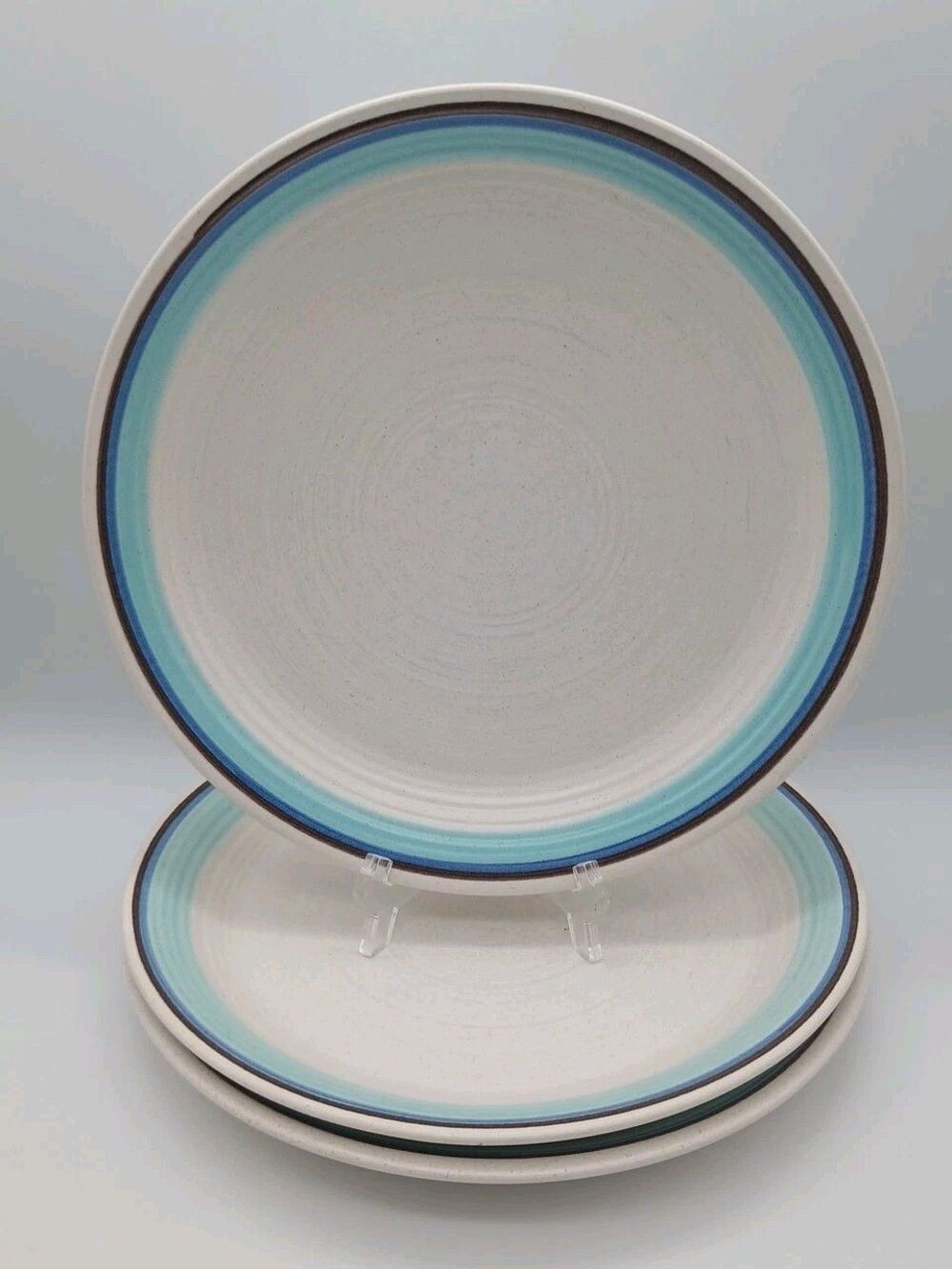 3 Vtg Franciscan Malibu  Dinner  Plates  Blue Brown Rings Stoneware